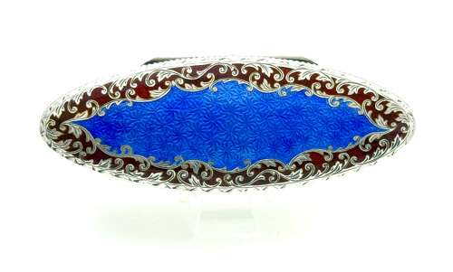 Antique Guilloche Enamel and Silver Navette Shaped Box with Hinged Lid.
