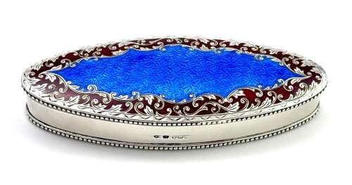 Antique Guilloche Enamel and Silver Navette Shaped Box with Hinged Lid.