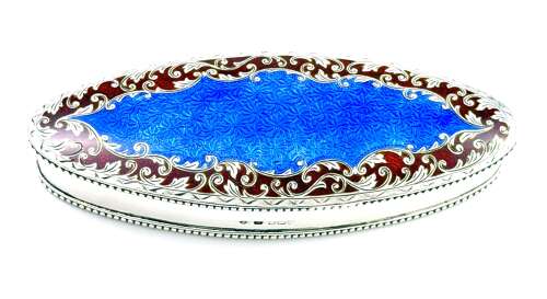 Antique Guilloche Enamel and Silver Navette Shaped Box with Hinged Lid.
