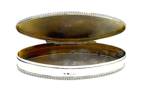 Antique Guilloche Enamel and Silver Navette Shaped Box with Hinged Lid.