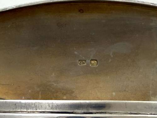 Antique Guilloche Enamel and Silver Navette Shaped Box with Hinged Lid.