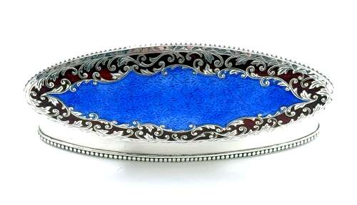 Antique Guilloche Enamel and Silver Navette Shaped Box with Hinged Lid.