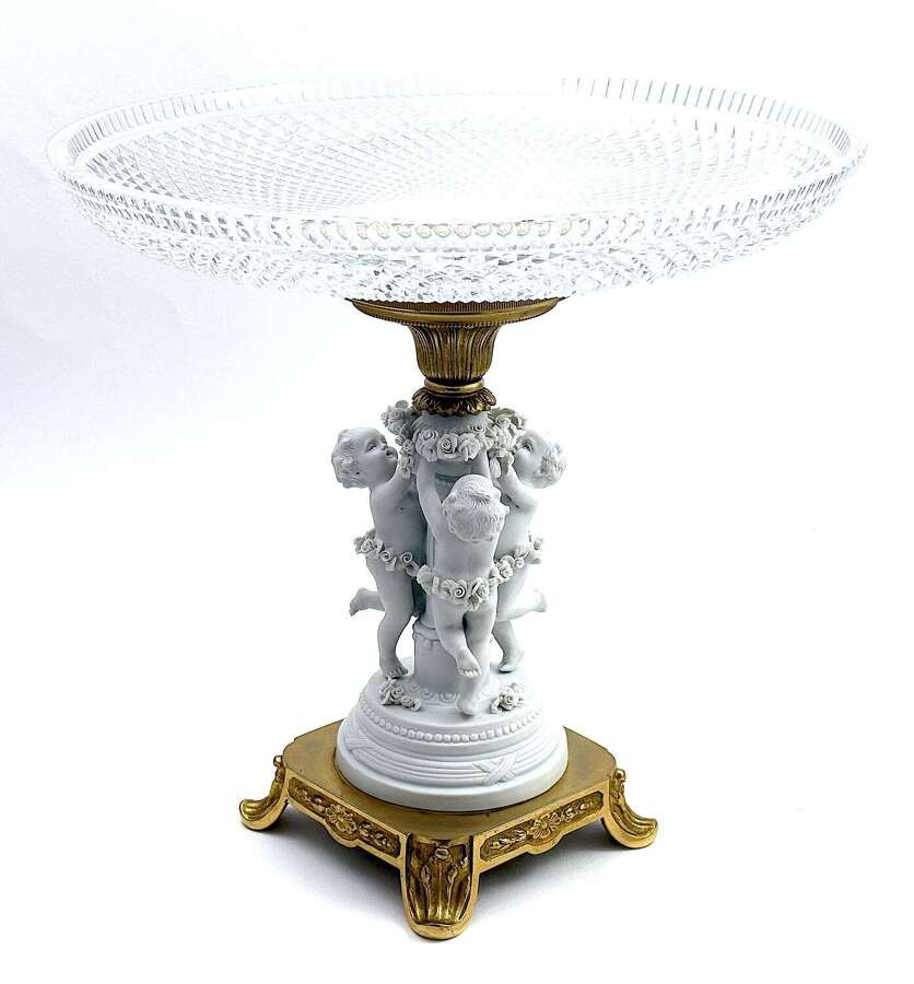 An Exquisite Large Antique French Diamond Cut Crystal and Porcelain Centrepiece.