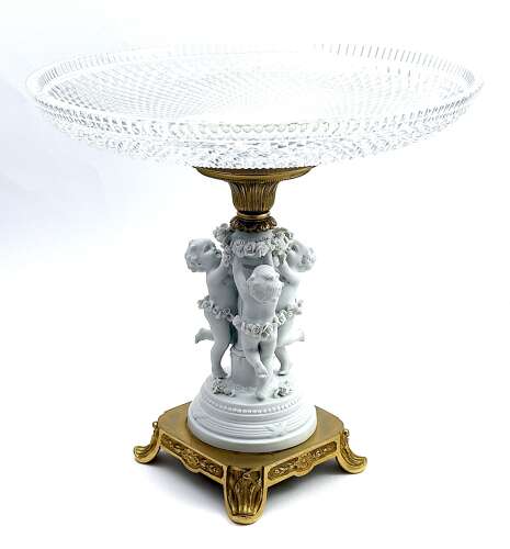An Exquisite Large Antique French Diamond Cut Crystal and Porcelain Centrepiece.