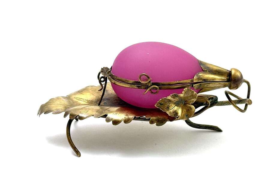 Antique French Pink 'Grape' Opaline Glass & Dore&nbsp;Bronze Trinket Box on Vine Leaf Stand.