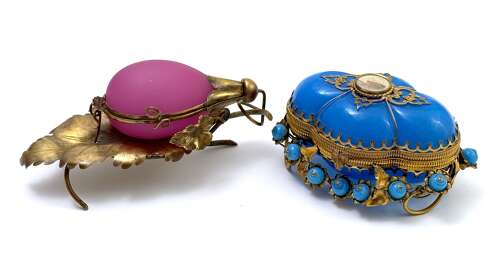 Antique French Pink 'Grape' Opaline Glass & Dore Bronze Trinket Box on Vine Leaf Stand.