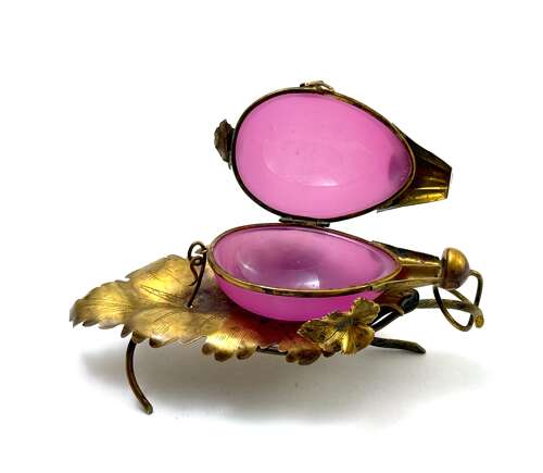 Antique French Pink 'Grape' Opaline Glass & Dore Bronze Trinket Box on Vine Leaf Stand.