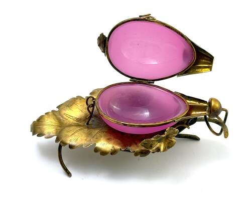 Antique French Pink 'Grape' Opaline Glass & Dore Bronze Trinket Box on Vine Leaf Stand.