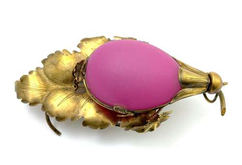 Antique French Pink 'Grape' Opaline Glass & Dore Bronze Trinket Box on Vine Leaf Stand.