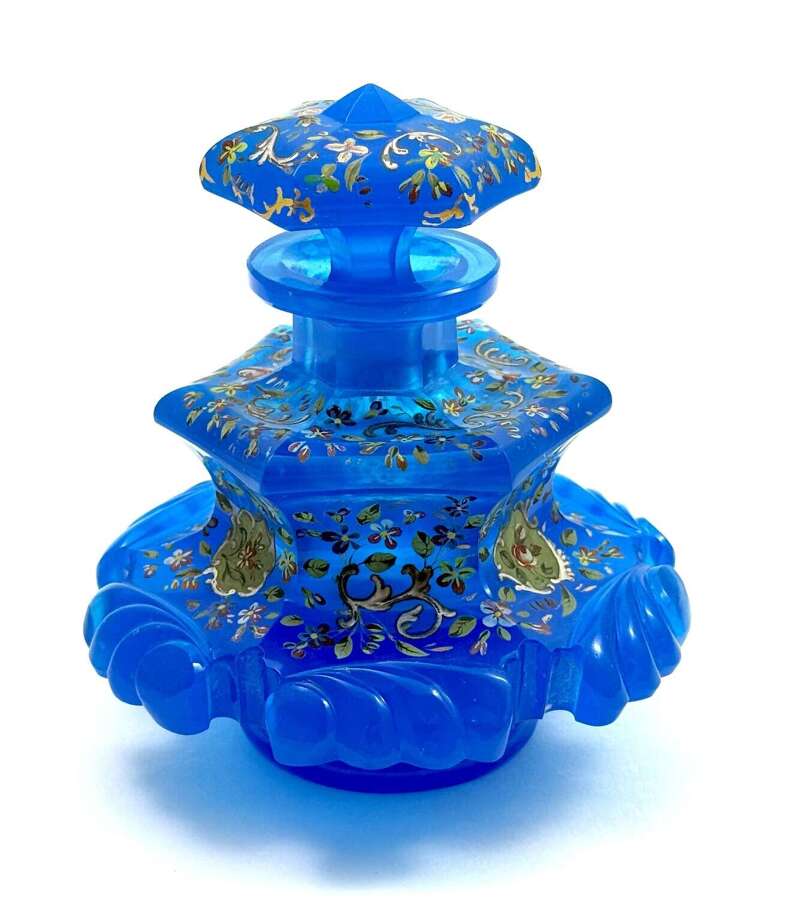 A Large Antique Bohemian Barfatan&nbsp;Blue Opaline Glass Perfume Bottle