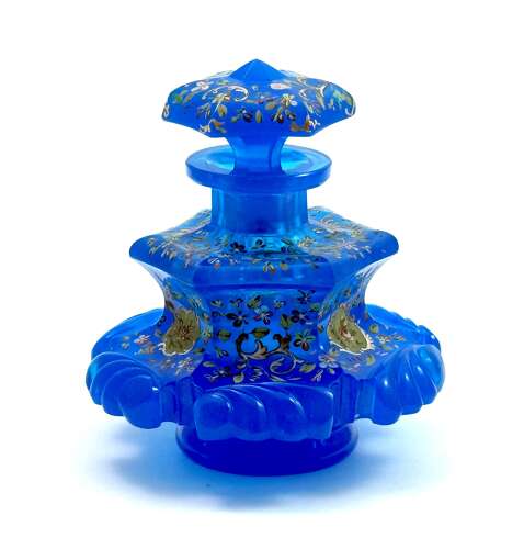 A Large Antique Bohemian Barfatan Blue Opaline Glass Perfume Bottle