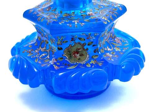 A Large Antique Bohemian Barfatan Blue Opaline Glass Perfume Bottle