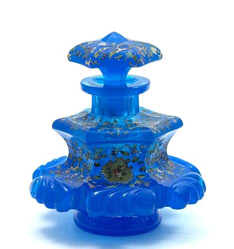 A Large Antique Bohemian Barfatan Blue Opaline Glass Perfume Bottle