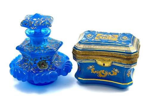 A Large Antique Bohemian Barfatan Blue Opaline Glass Perfume Bottle