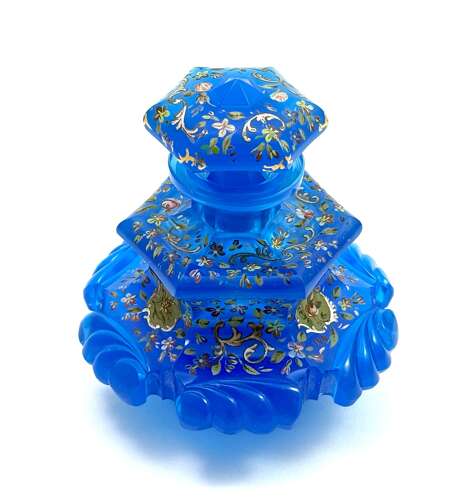 A Large Antique Bohemian Barfatan Blue Opaline Glass Perfume Bottle