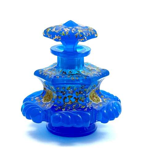 A Large Antique Bohemian Barfatan Blue Opaline Glass Perfume Bottle