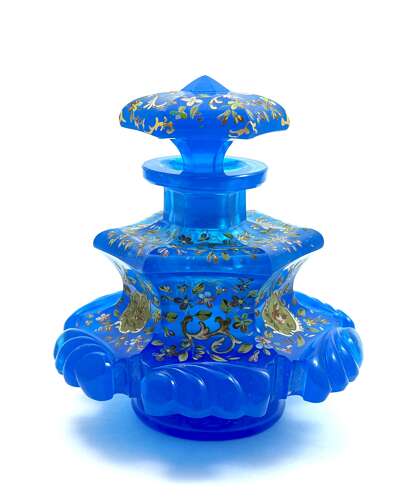A Large Antique Bohemian Barfatan Blue Opaline Glass Perfume Bottle