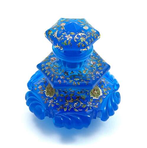 A Large Antique Bohemian Barfatan Blue Opaline Glass Perfume Bottle