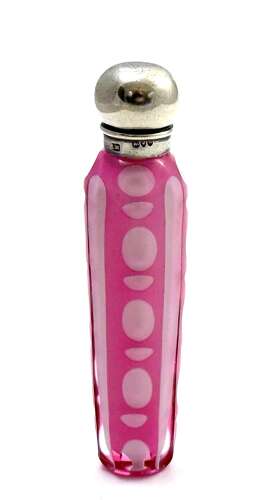 Antique Pink Overlay Glass Perfume Bottle with Silver Screw Top