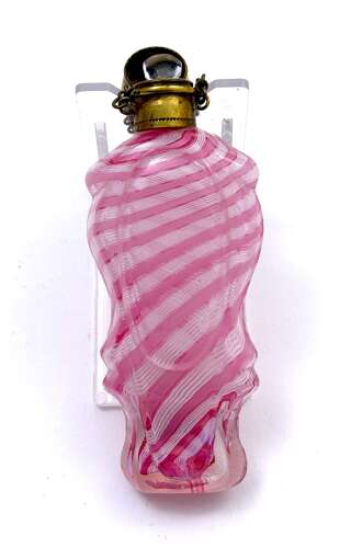 Antique Pink and White Wrythen Glass Perfume Bottle with Gilt Mounts and Chatelaine Ring