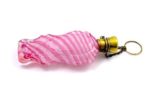 Antique Pink and White Wrythen Glass Perfume Bottle with Gilt Mounts and Chatelaine Ring