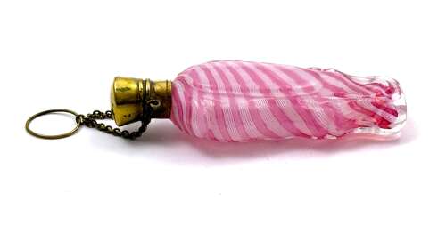 Antique Pink and White Wrythen Glass Perfume Bottle with Gilt Mounts and Chatelaine Ring