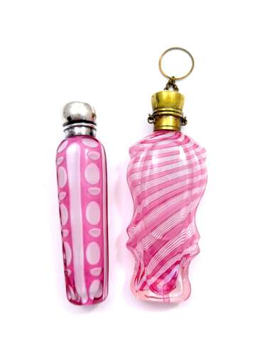 Antique Pink and White Wrythen Glass Perfume Bottle with Gilt Mounts and Chatelaine Ring