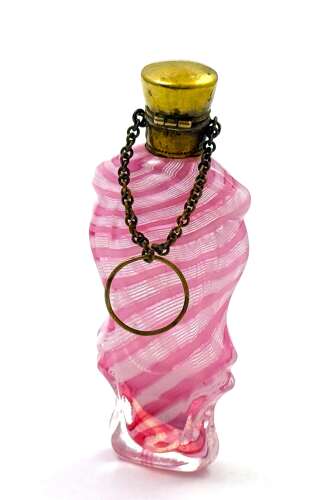 Antique Pink and White Wrythen Glass Perfume Bottle with Gilt Mounts and Chatelaine Ring