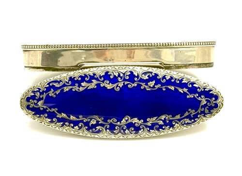 Antique Guilloche Blue Enamel and Silver Navette Shaped Box with Hinged Lid.