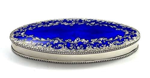 Antique Guilloche Blue Enamel and Silver Navette Shaped Box with Hinged Lid.