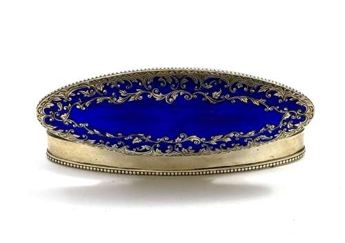 Antique Guilloche Blue Enamel and Silver Navette Shaped Box with Hinged Lid.