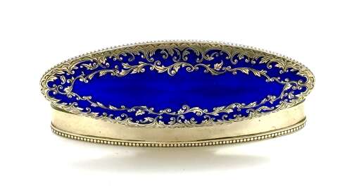Antique Guilloche Blue Enamel and Silver Navette Shaped Box with Hinged Lid.