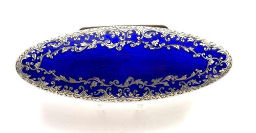 Antique Guilloche Blue Enamel and Silver Navette Shaped Box with Hinged Lid.