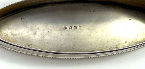 Antique Guilloche Blue Enamel and Silver Navette Shaped Box with Hinged Lid.