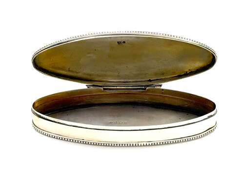 Antique Guilloche Blue Enamel and Silver Navette Shaped Box with Hinged Lid.