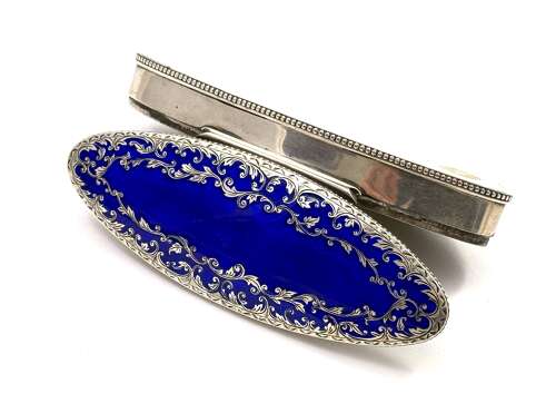 Antique Guilloche Blue Enamel and Silver Navette Shaped Box with Hinged Lid.