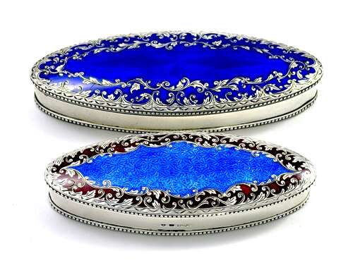 Antique Guilloche Blue Enamel and Silver Navette Shaped Box with Hinged Lid.