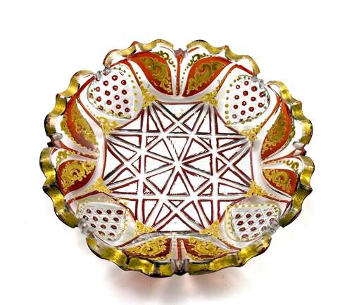 A Superb Antique Bohemian Red Overlay Glass Bowl, Cover and Plate 