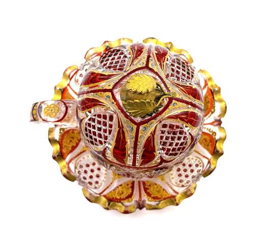 A Superb Antique Bohemian Red Overlay Glass Bowl, Cover and Plate 