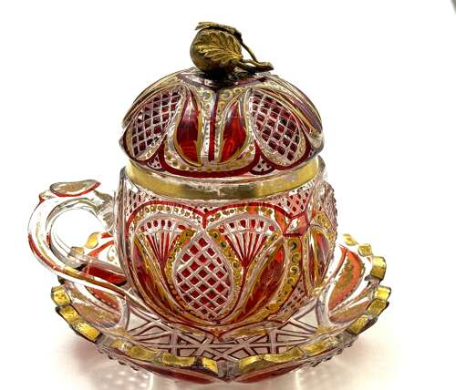 A Superb Antique Bohemian Red Overlay Glass Bowl, Cover and Plate 