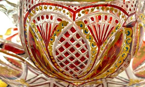 A Superb Antique Bohemian Red Overlay Glass Bowl, Cover and Plate 