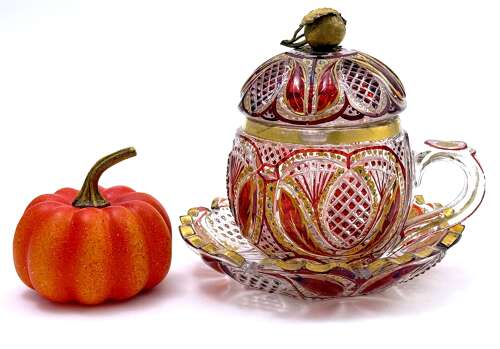 A Superb Antique Bohemian Red Overlay Glass Bowl, Cover and Plate 