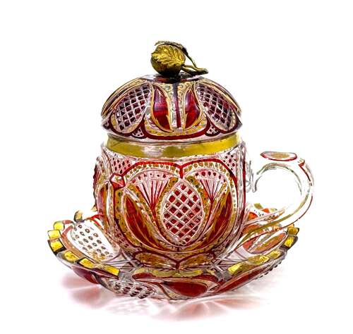 A Superb Antique Bohemian Red Overlay Glass Bowl, Cover and Plate 