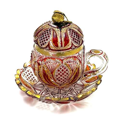 A Superb Antique Bohemian Red Overlay Glass Bowl, Cover and Plate 