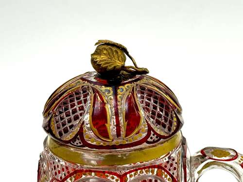 A Superb Antique Bohemian Red Overlay Glass Bowl, Cover and Plate 