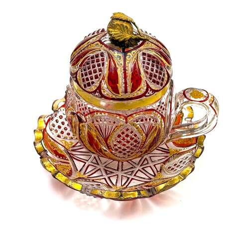 A Superb Antique Bohemian Red Overlay Glass Bowl, Cover and Plate 