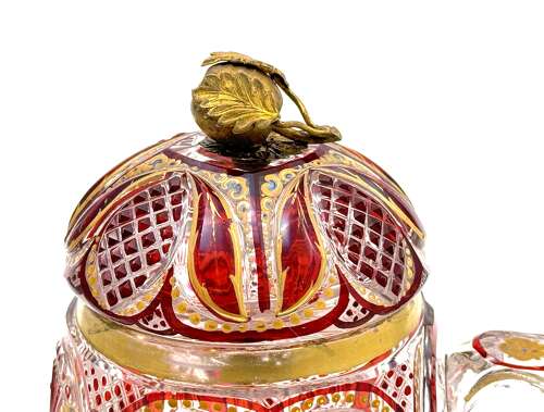 A Superb Antique Bohemian Red Overlay Glass Bowl, Cover and Plate 