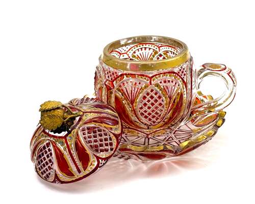 A Superb Antique Bohemian Red Overlay Glass Bowl, Cover and Plate 