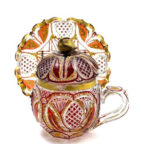 A Superb Antique Bohemian Red Overlay Glass Bowl, Cover and Plate 