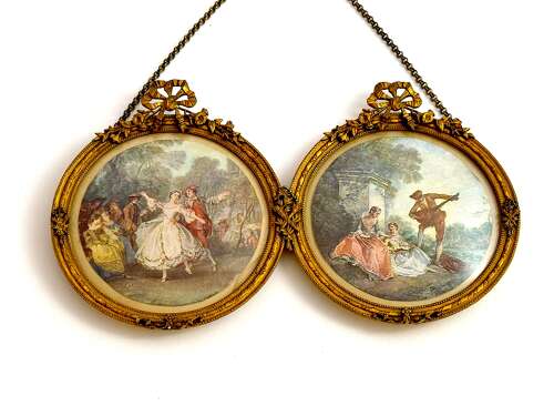 A Charming Antique French Double Frame in Dore Bronze and Suspended by a Delicate Chain